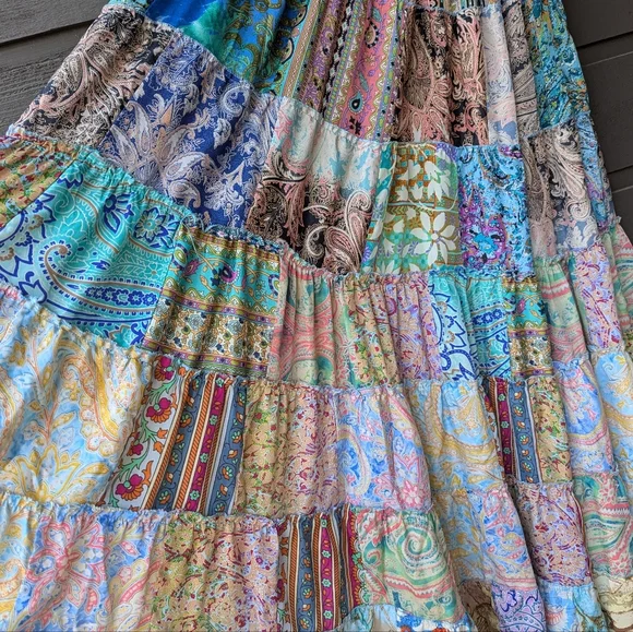 India Boutique Colorful Patchwork Lightweight Flowy Maxi Skirt Free Size - Picture 6 of 9